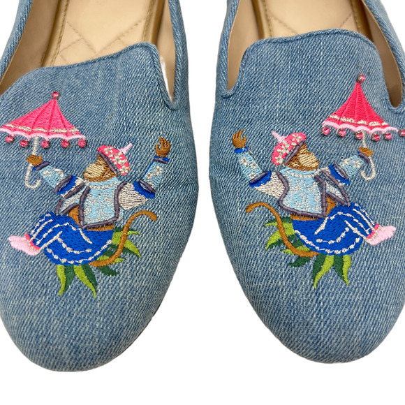 J McLaughlin Jax embroidered denim flats Monkey with umbrella size 8.5 - Picture 4 of 7